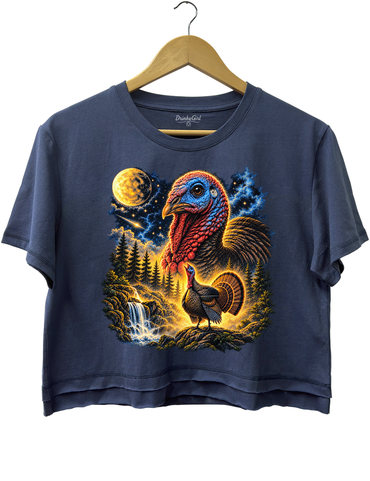 Turkey Howling To The Moon Thanksgiving Crop Top - Navy Blue