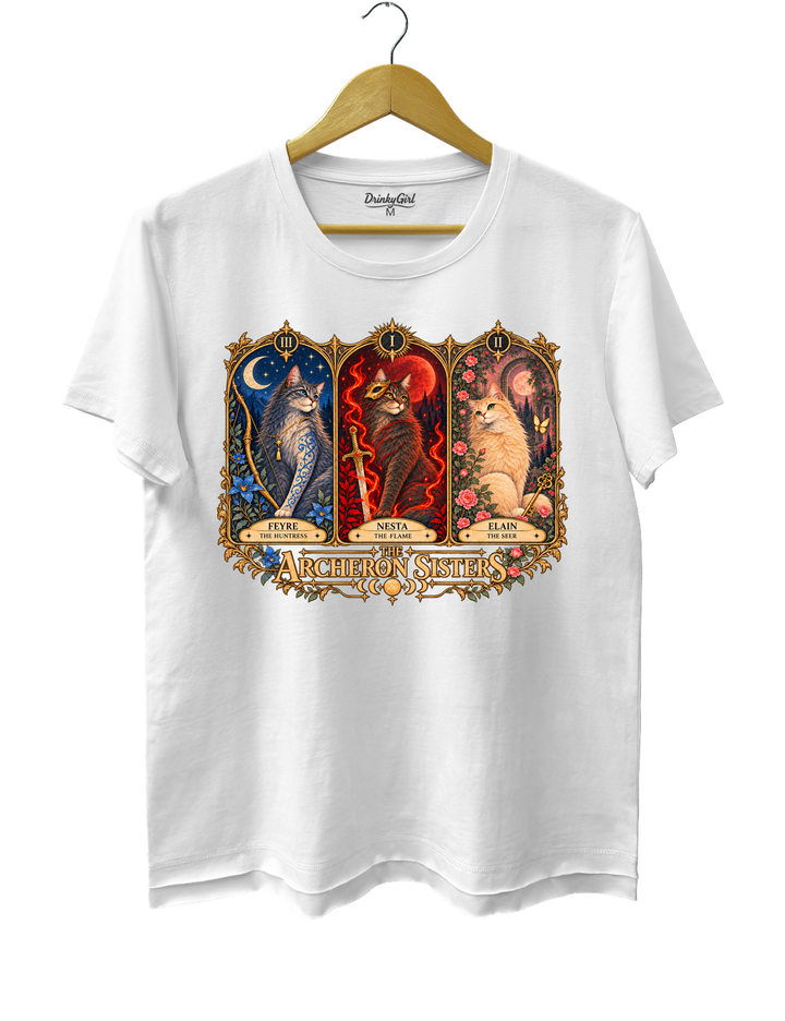 ACOTAR Archeron Sisters Cat Tarot Tee - White