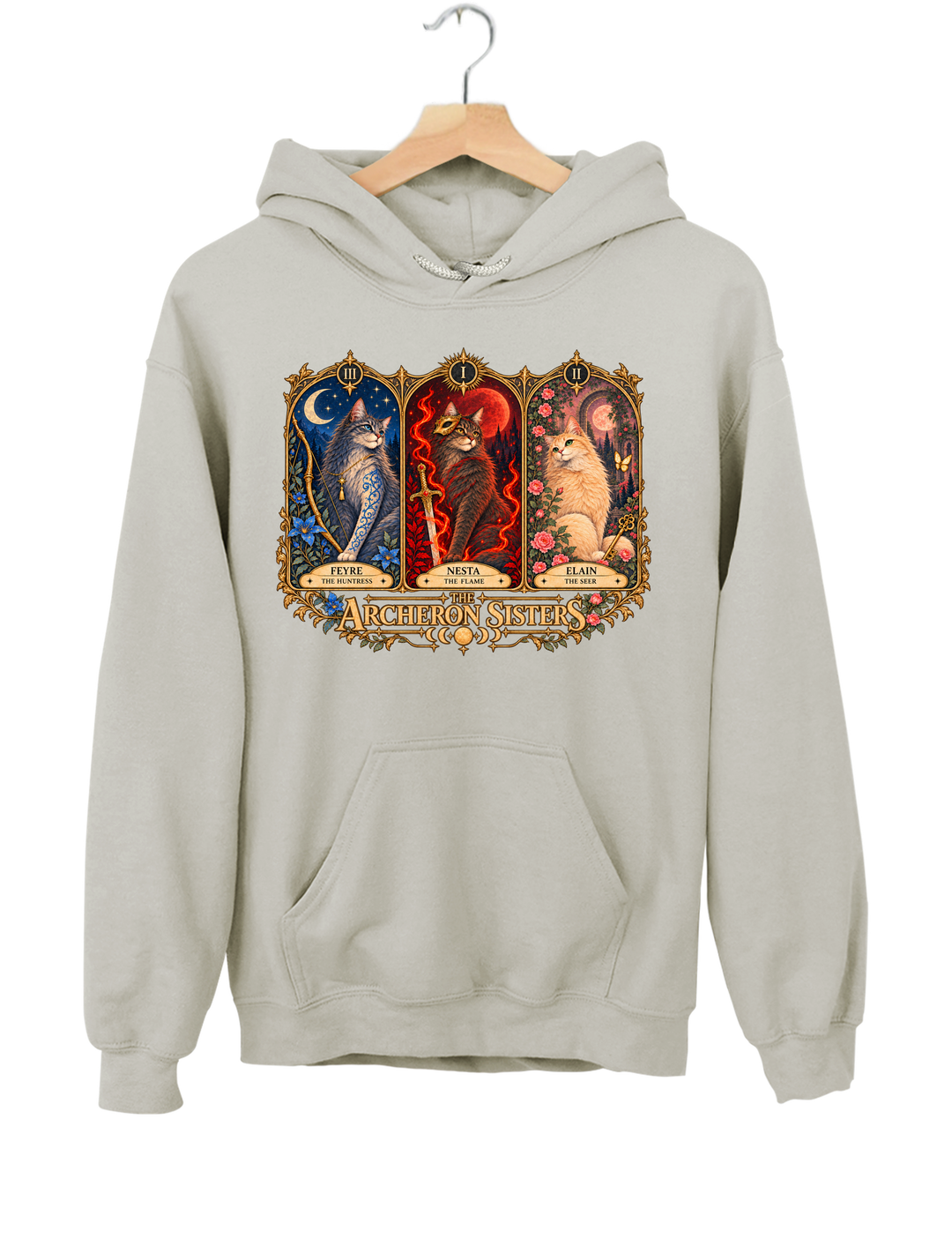 ACOTAR Archeron Sisters Cat Tarot Hoodie - Gray