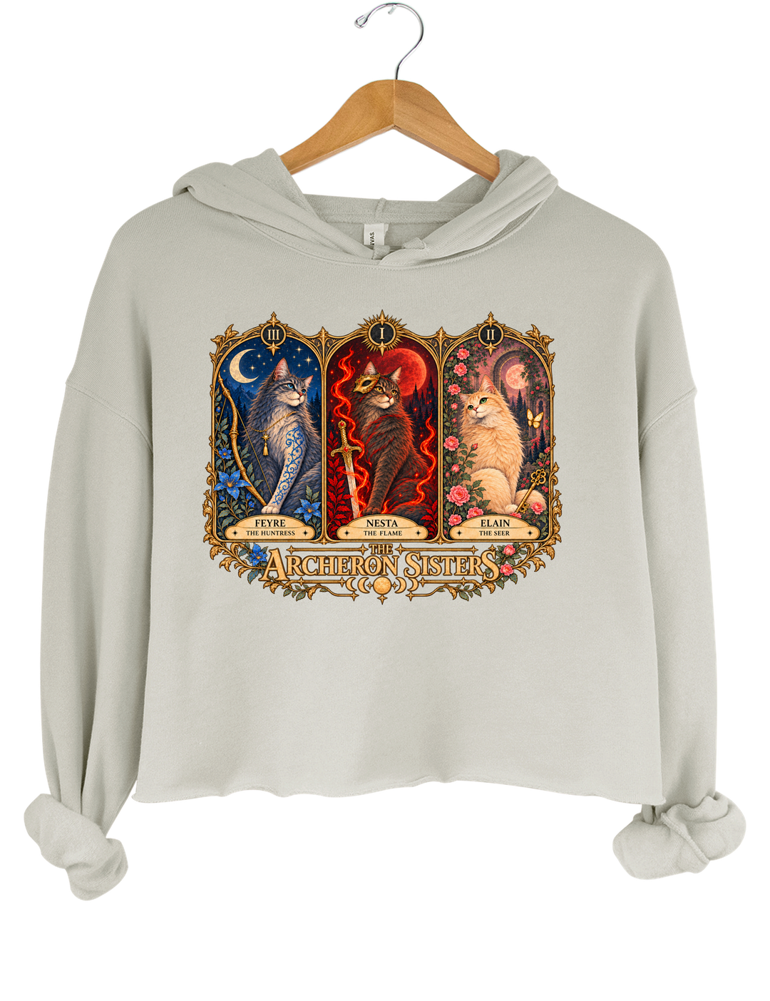 ACOTAR Archeron Sisters Cat Tarot Crop Hoodie - Gray
