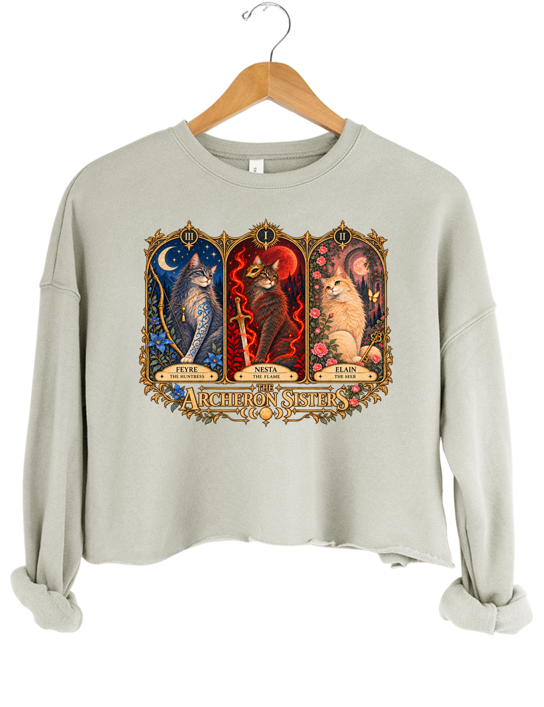 ACOTAR Archeron Sisters Cat Tarot Crop Sweatshirt - Gray