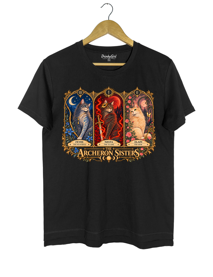 ACOTAR Archeron Sisters Cat Tarot Tee - Black