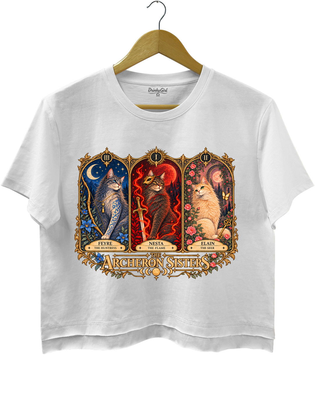 ACOTAR Archeron Sisters Cat Tarot Crop Top - White