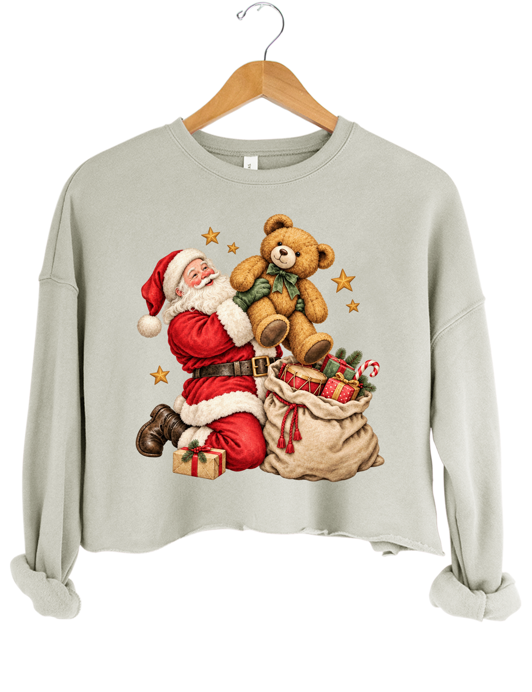 Vintage Santa And Bear Crop Sweatshirt - Gray