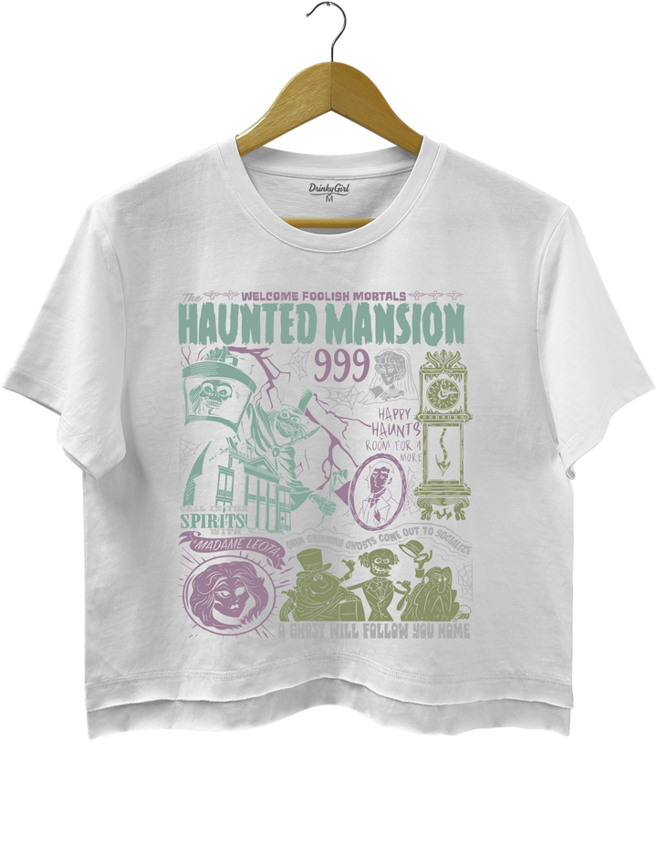 Welcome Foolish Mortals Hitchhiking Ghost Spooky Season Madam Leota Crop Top