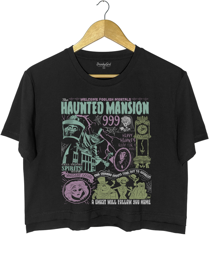 Welcome Foolish Mortals Hitchhiking Ghost Spooky Season Madam Leota Crop Top