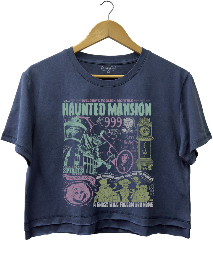 Welcome Foolish Mortals Hitchhiking Ghost Spooky Season Madam Leota Crop Top
