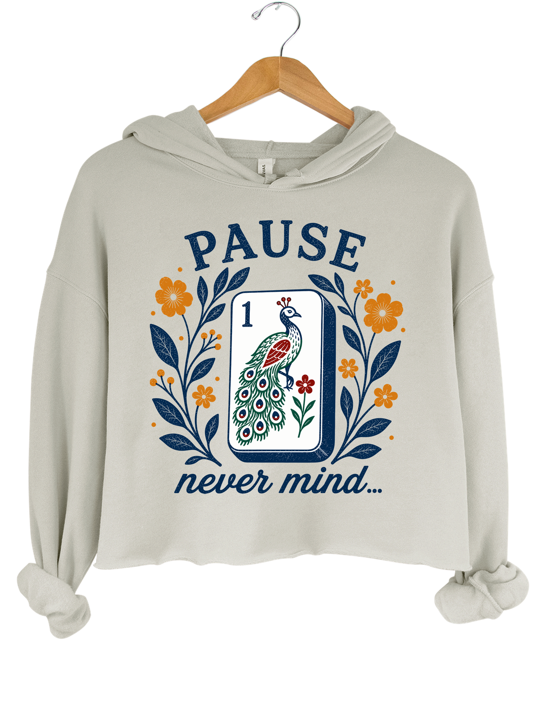 Pause Nevermind Funny Mahjong Crop Hoodie - Gray