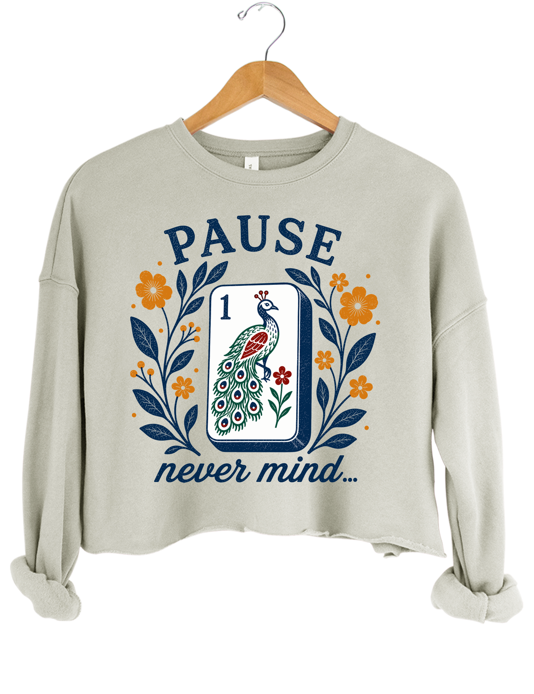 Pause Nevermind Funny Mahjong Crop Sweatshirt - Gray