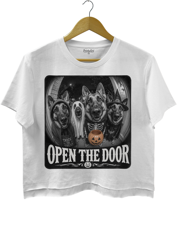 German Shepherd Halloween Open Door Trick Treat Dogs Crop Top