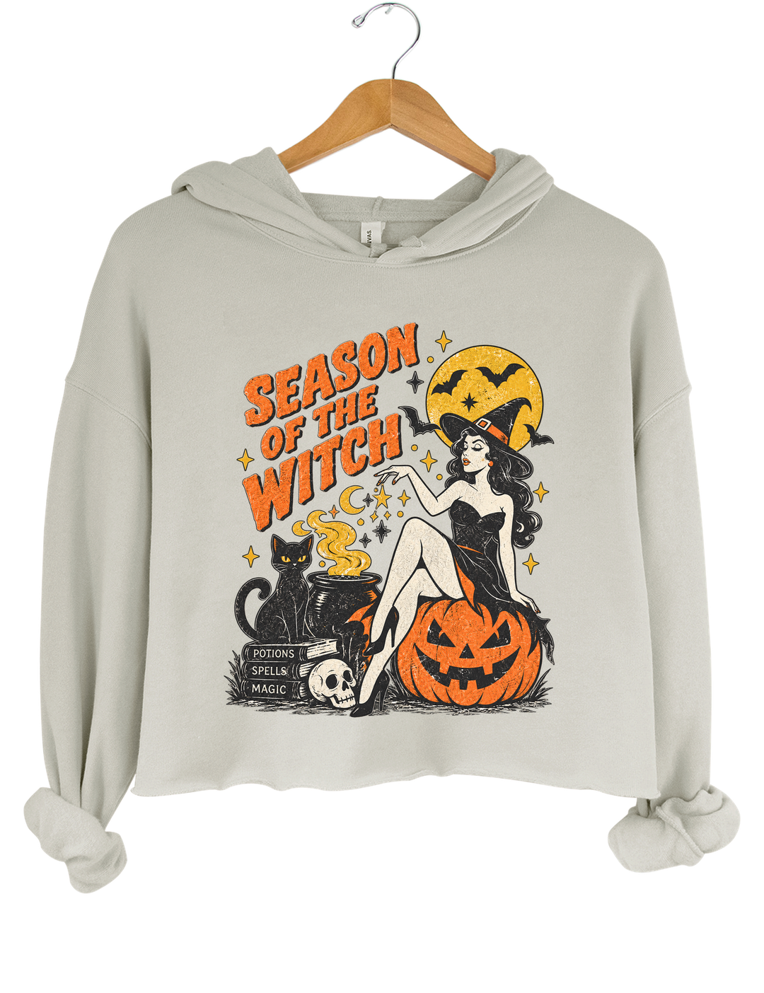 Season of the Witch Vintage Pin-Up Witch Graphic Crop Hoodie