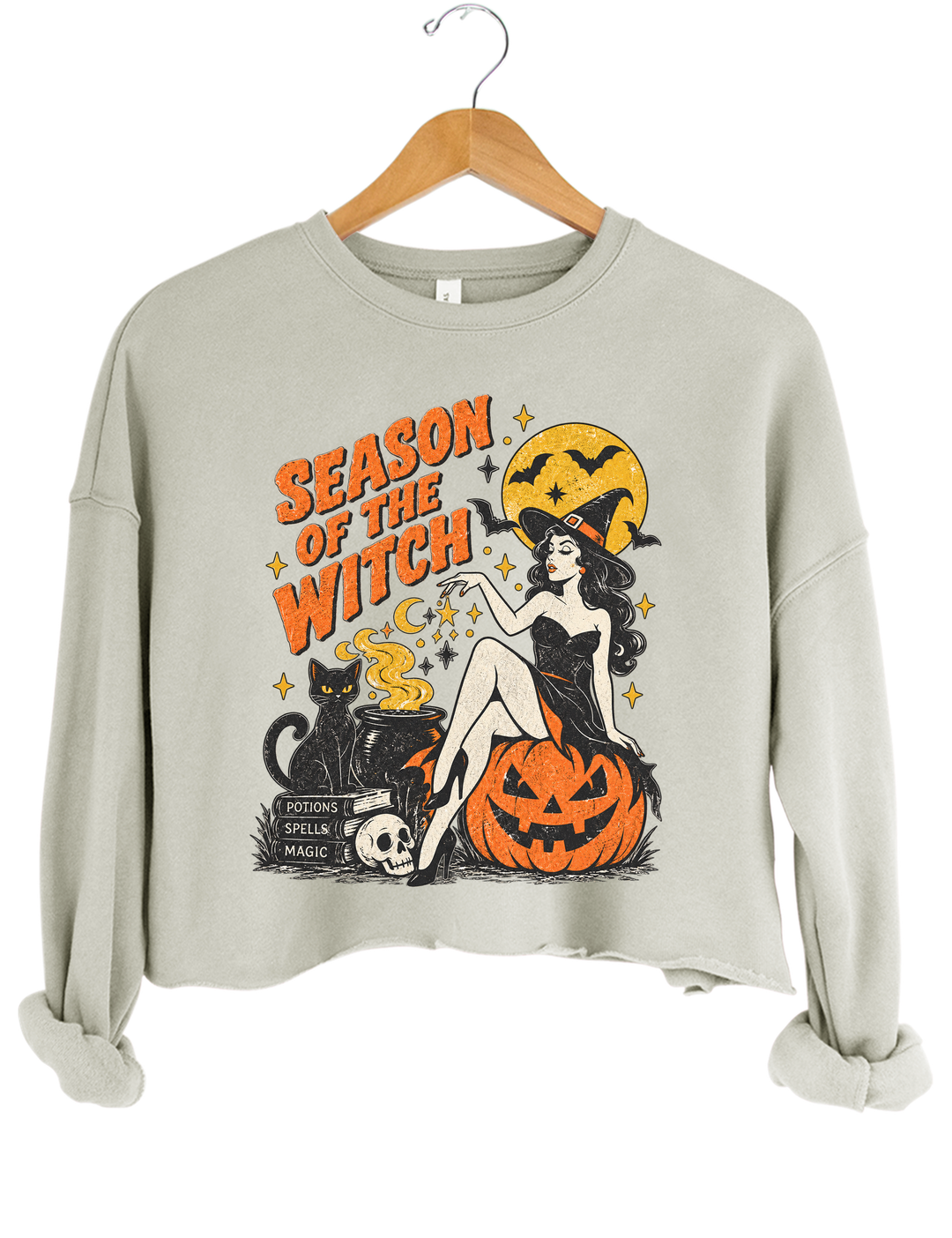 Season of the Witch Vintage Pin-Up Witch Graphic Crop Sweatshirt