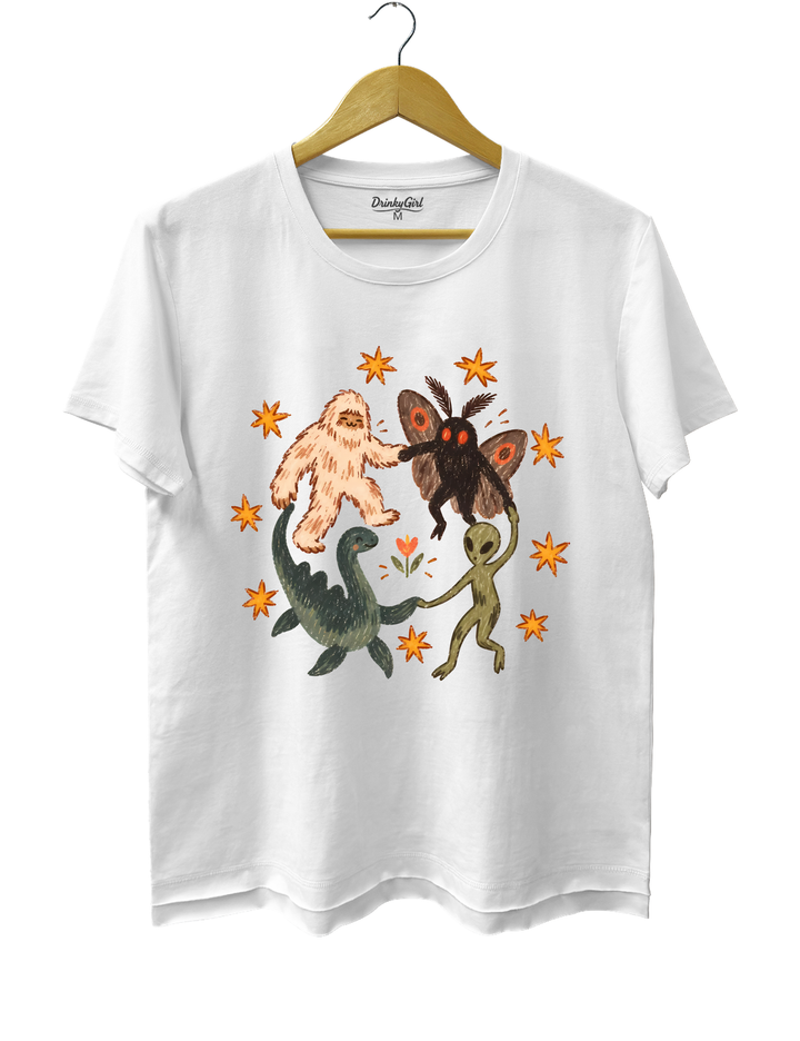 Dancing Cryptids Bigfoot Mothman Loch Ness Monster Aliens Tee - White
