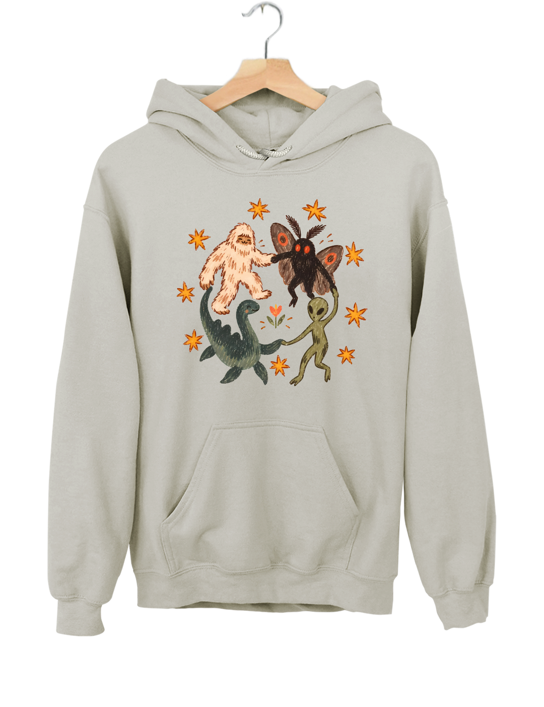 Dancing Cryptids Bigfoot Mothman Loch Ness Monster Aliens Hoodie - Gray