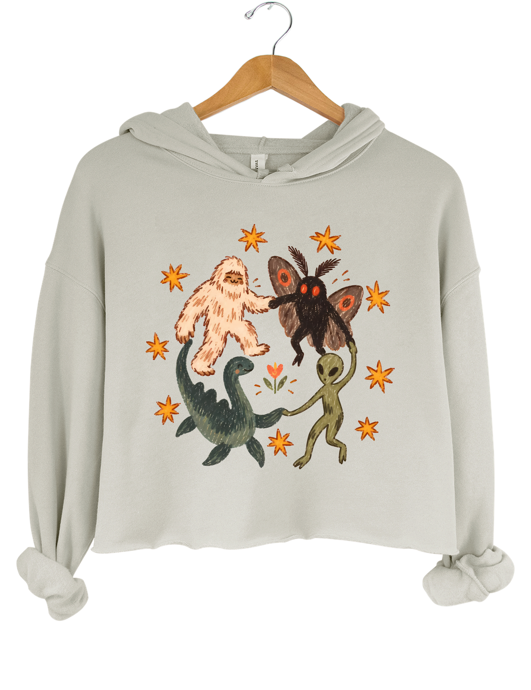 Dancing Cryptids Bigfoot Mothman Loch Ness Monster Aliens Crop Hoodie - Gray
