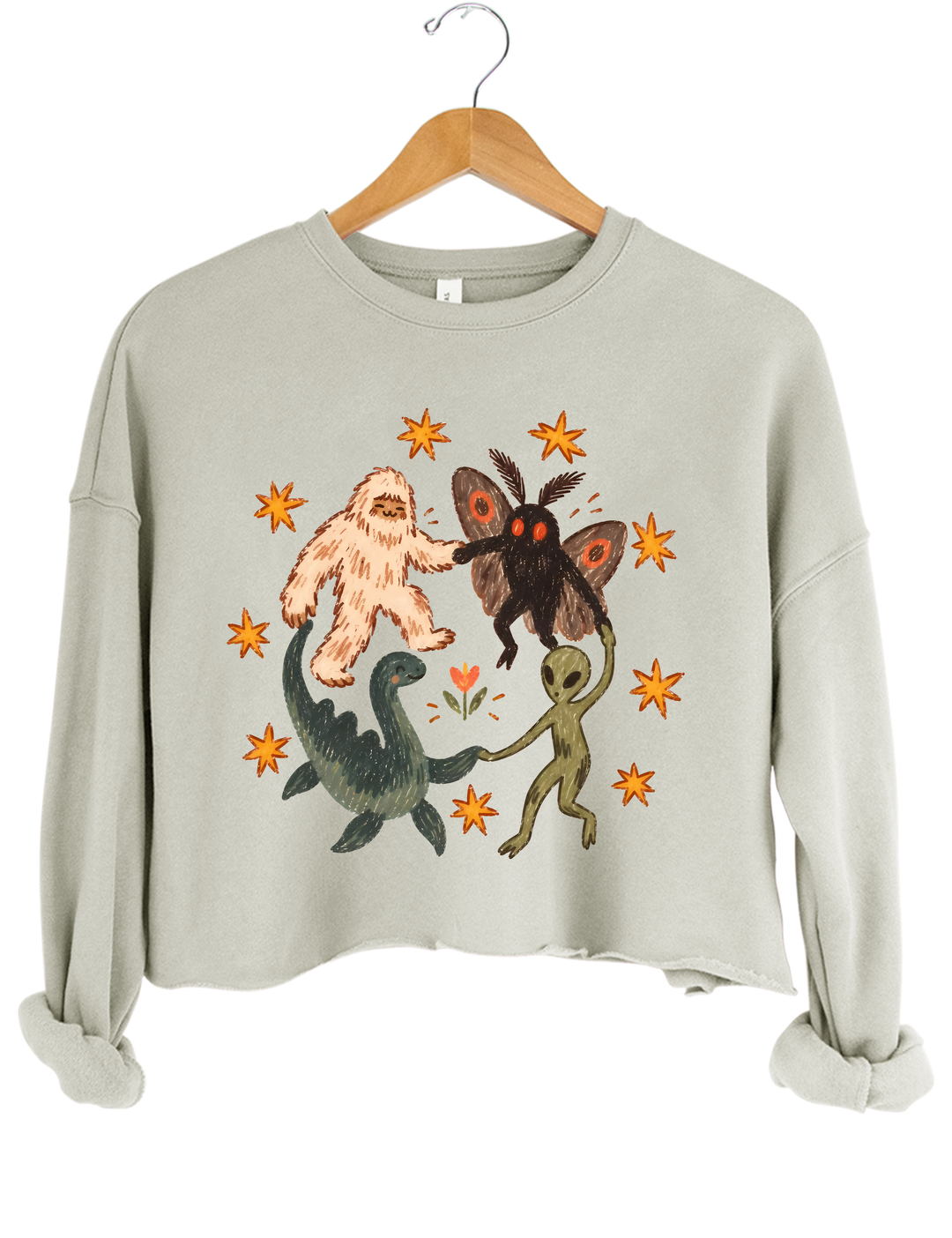 Dancing Cryptids Bigfoot Mothman Loch Ness Monster Aliens Crop Sweatshirt - Gray