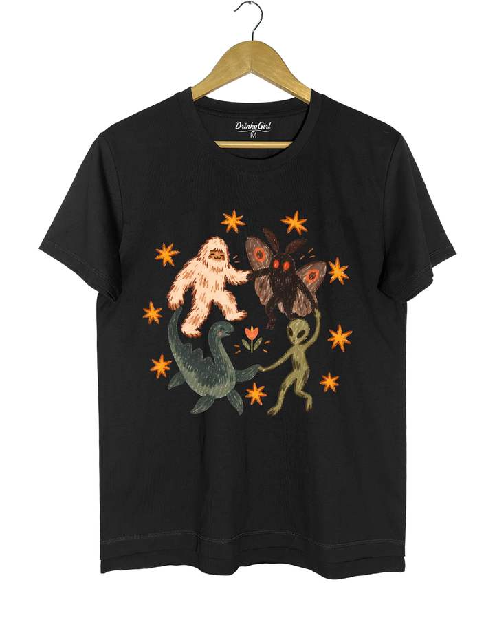Dancing Cryptids Bigfoot Mothman Loch Ness Monster Aliens Tee - Black