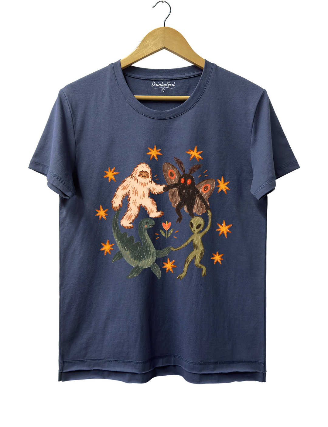 Dancing Cryptids Bigfoot Mothman Loch Ness Monster Aliens Tee - Navy Blue