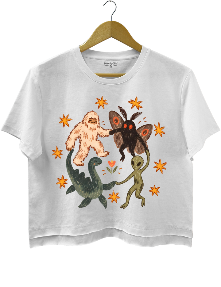 Dancing Cryptids Bigfoot Mothman Loch Ness Monster Aliens Crop Top - White