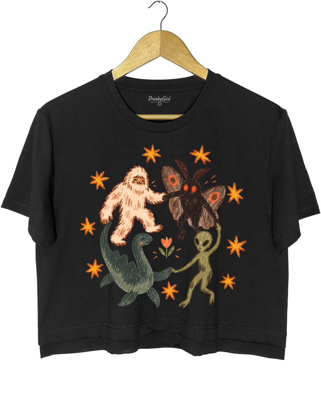 Dancing Cryptids Bigfoot Mothman Loch Ness Monster Aliens Crop Top - Black