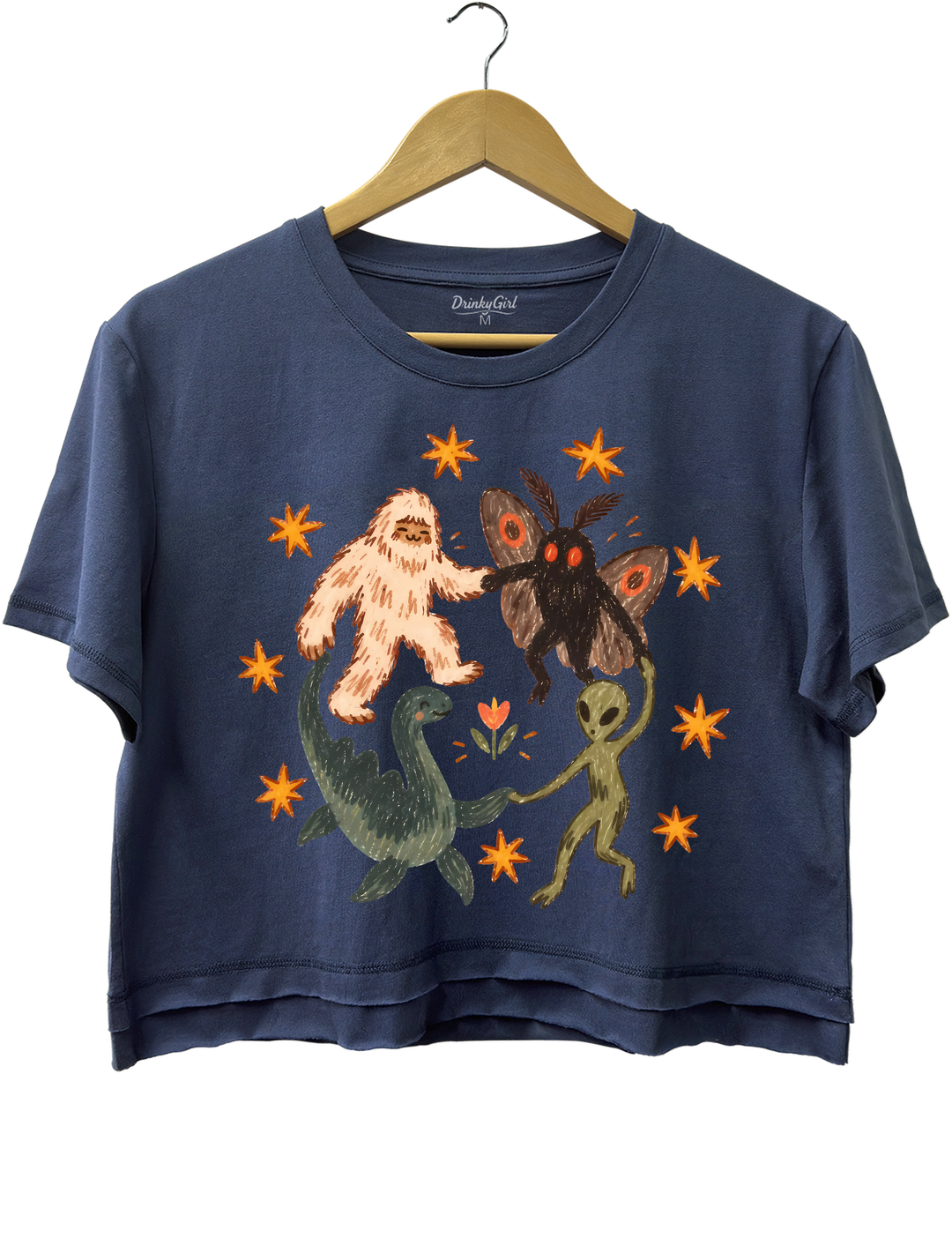 Dancing Cryptids Bigfoot Mothman Loch Ness Monster Aliens Crop Top - Navy Blue
