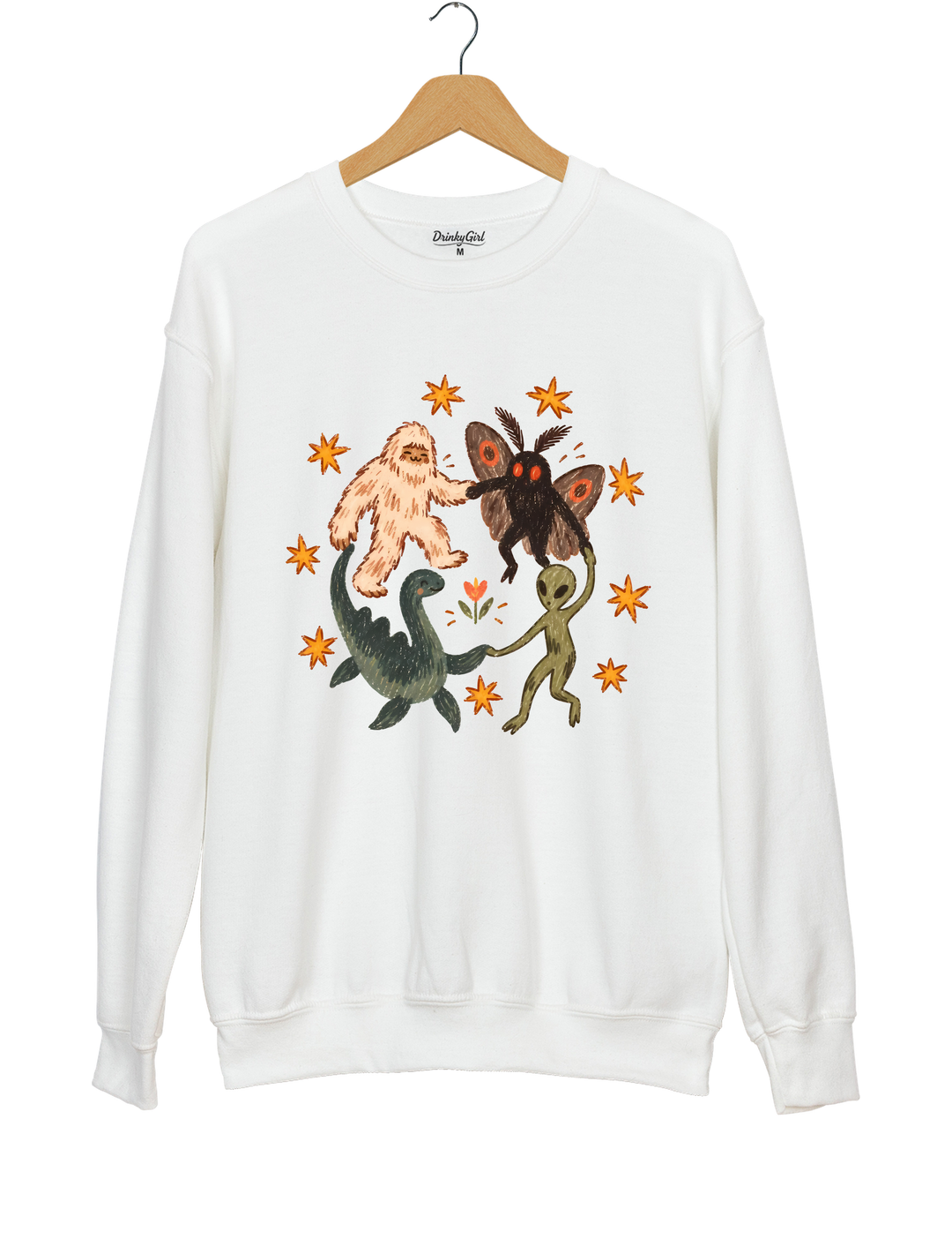 Dancing Cryptids Bigfoot Mothman Loch Ness Monster Aliens Sweatshirt - White