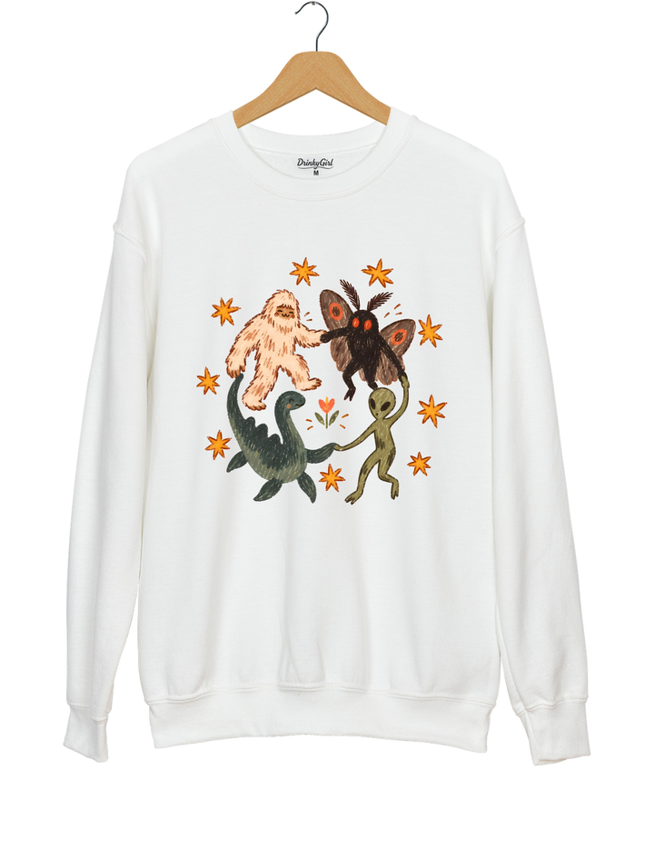 Dancing Cryptids Bigfoot Mothman Loch Ness Monster Aliens Sweatshirt - White