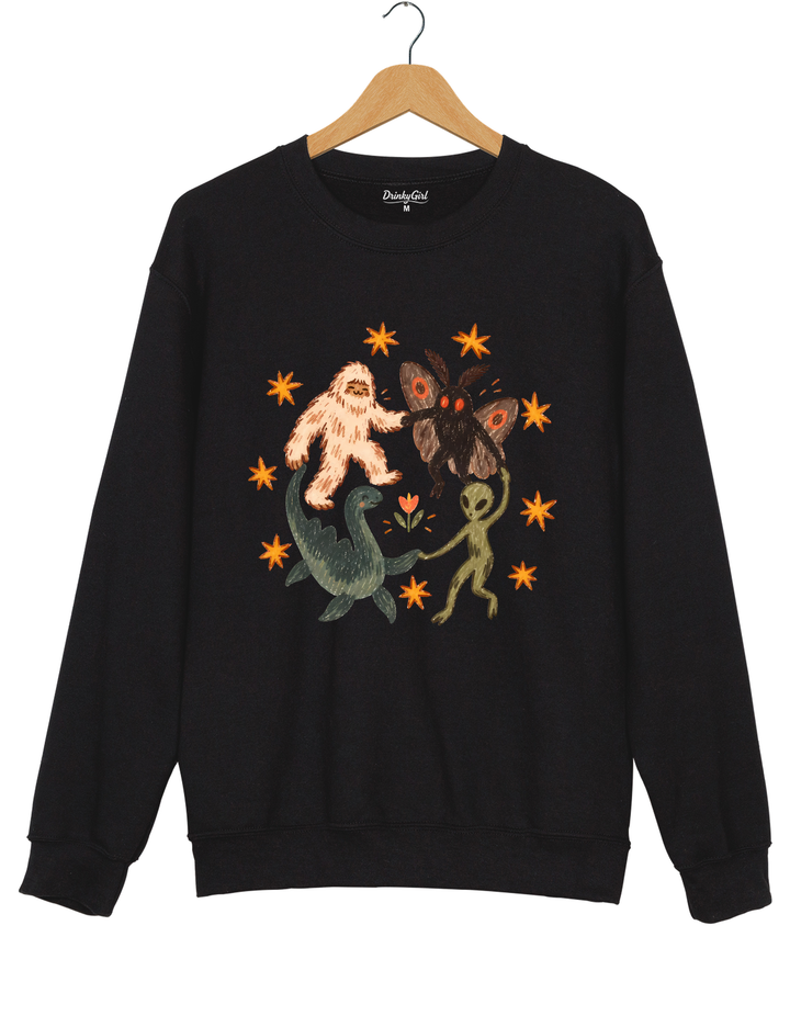 Dancing Cryptids Bigfoot Mothman Loch Ness Monster Aliens Sweatshirt - Black