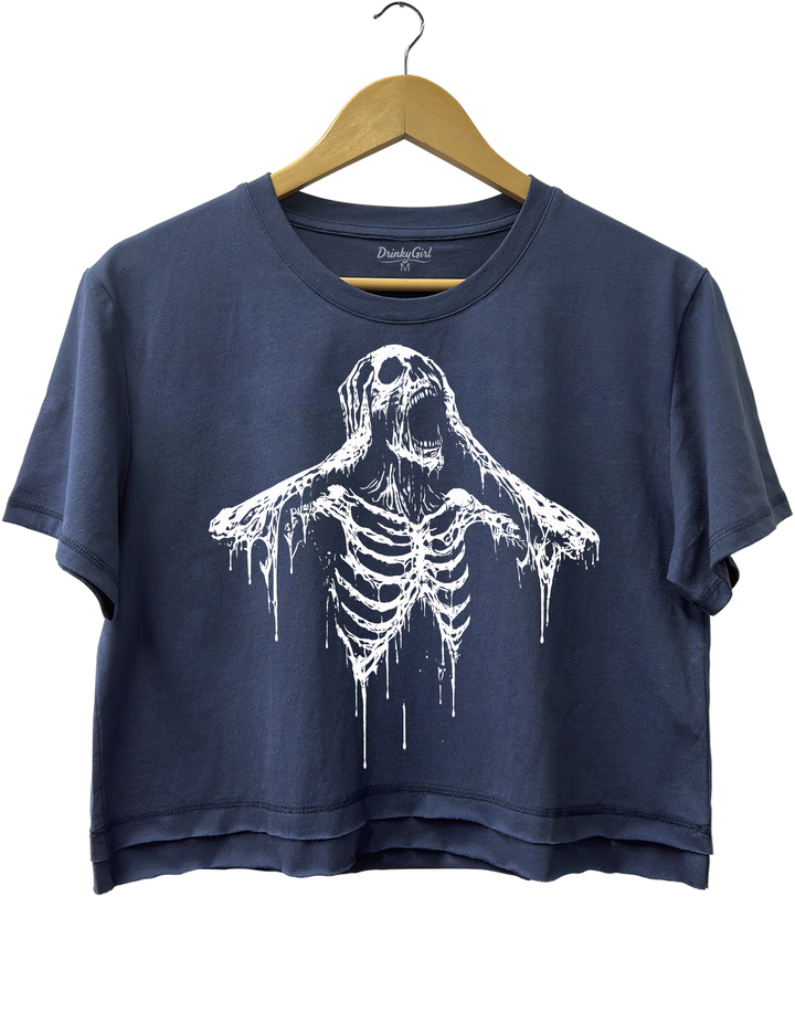 Screaming Skeleton Crop Top - Navy Blue