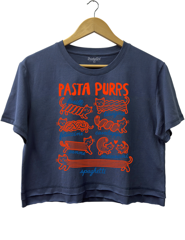Pasta Purrs Funny Cat Italian Pasta Crop Top - Navy Blue