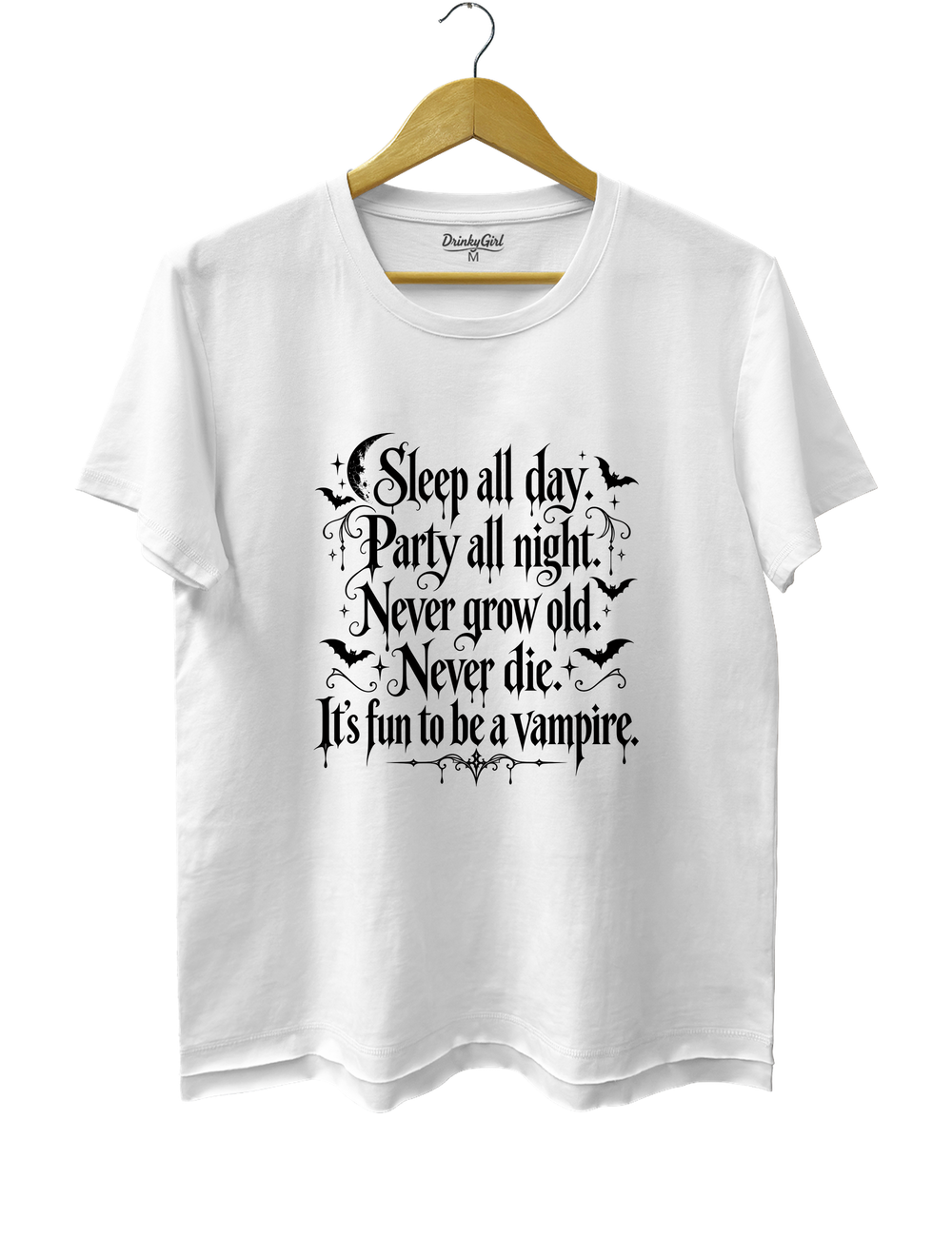 Sleep All Day Party All Night Never Grow Old Never Die It's Fun to Be a Vampire Tee - White