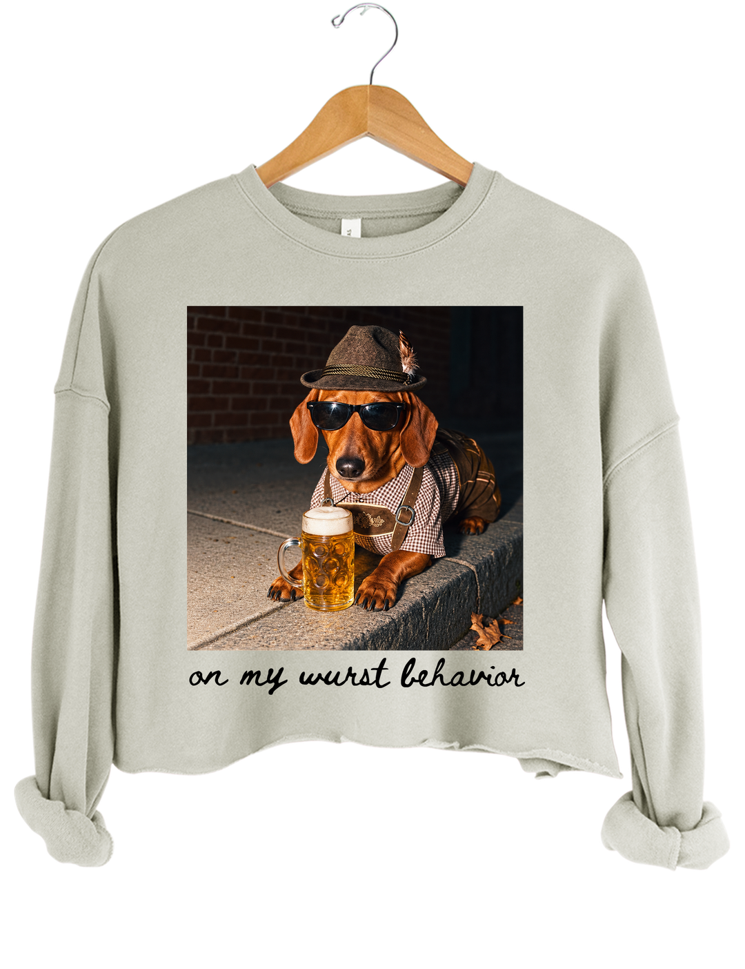 Dachshund Oktoberfest On My Wurst Behavior Crop Sweatshirt - Gray