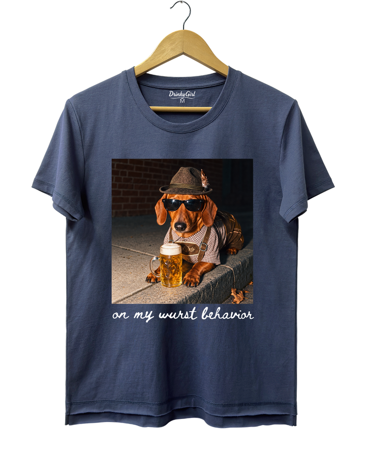 Dachshund Oktoberfest On My Wurst Behavior Tee - Navy Blue