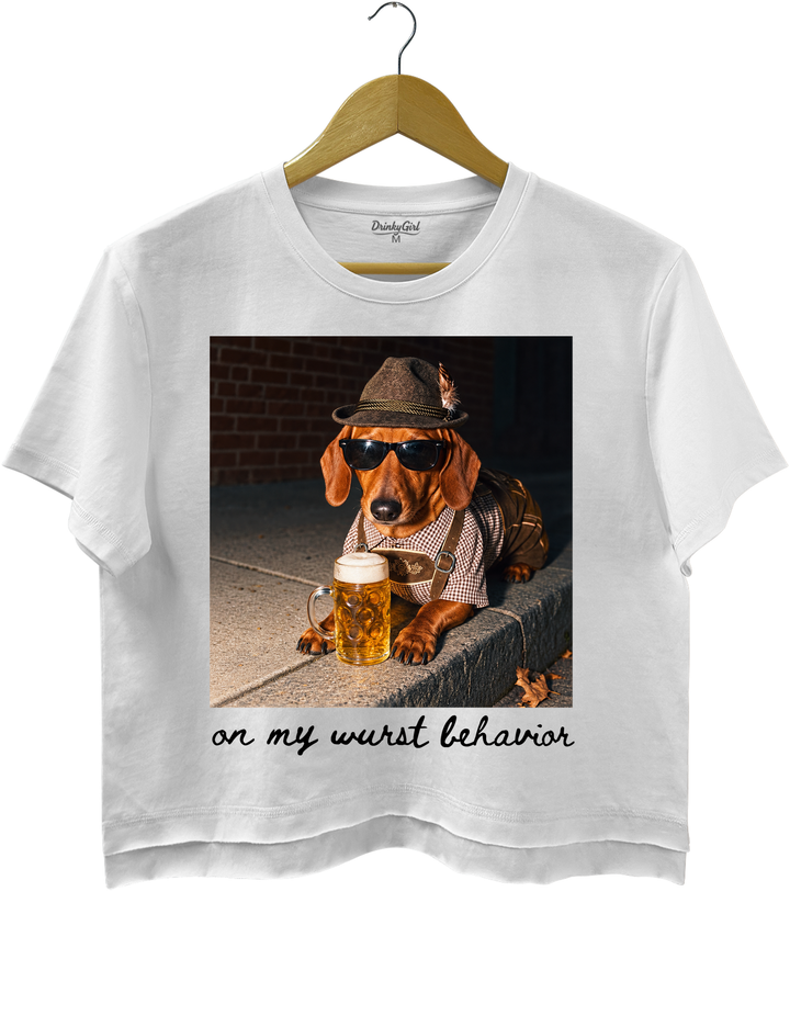 Dachshund Oktoberfest On My Wurst Behavior Crop Top - White