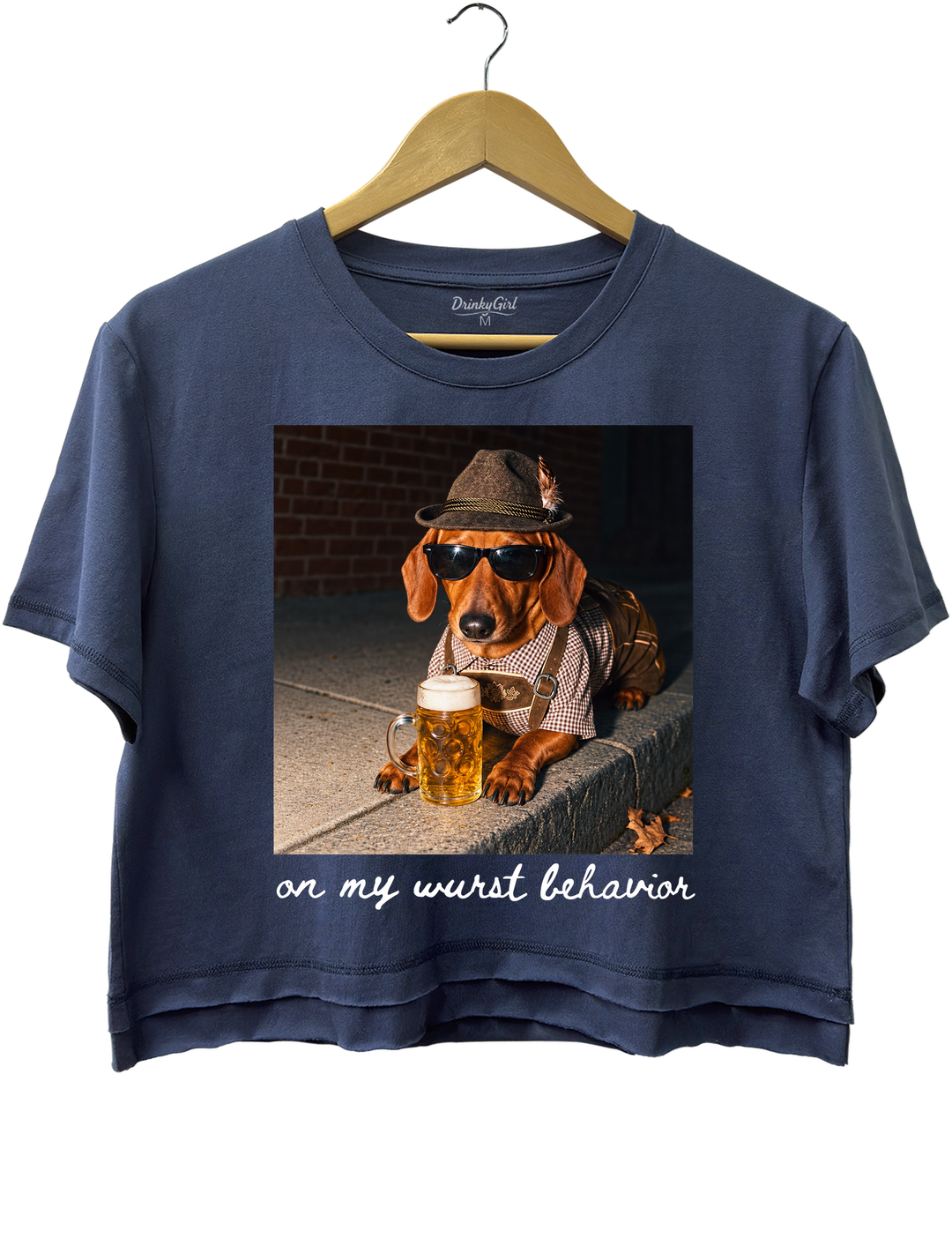 Dachshund Oktoberfest On My Wurst Behavior Crop Top - Navy Blue