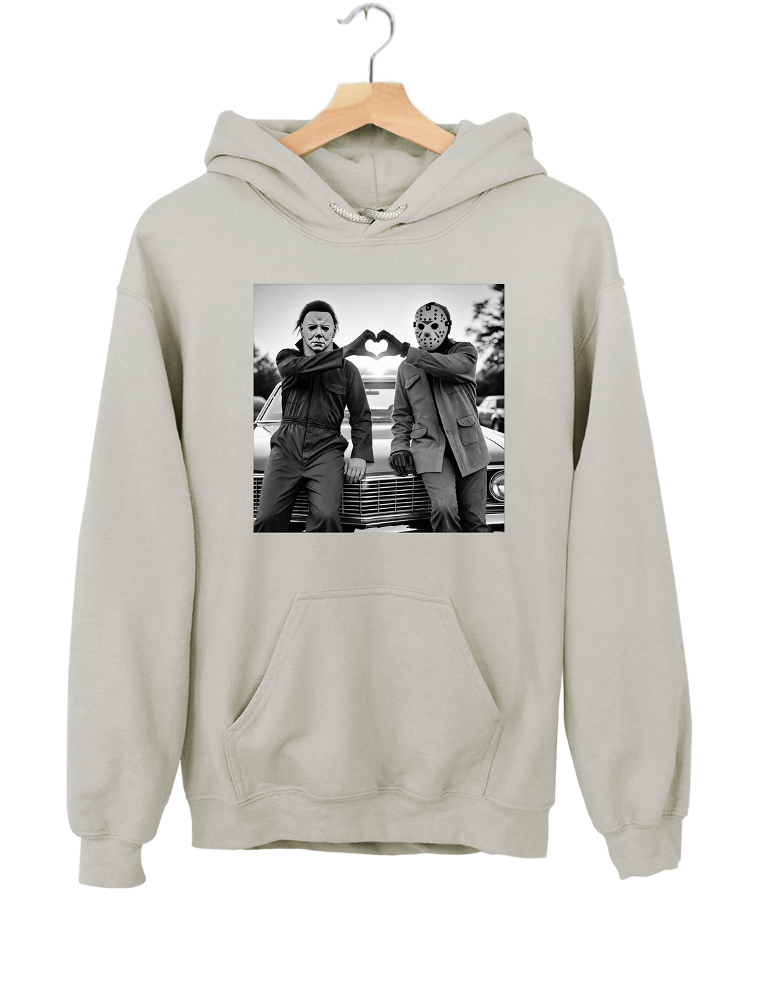 Michael and Jason Heart Hands Halloween Hoodie - Gray
