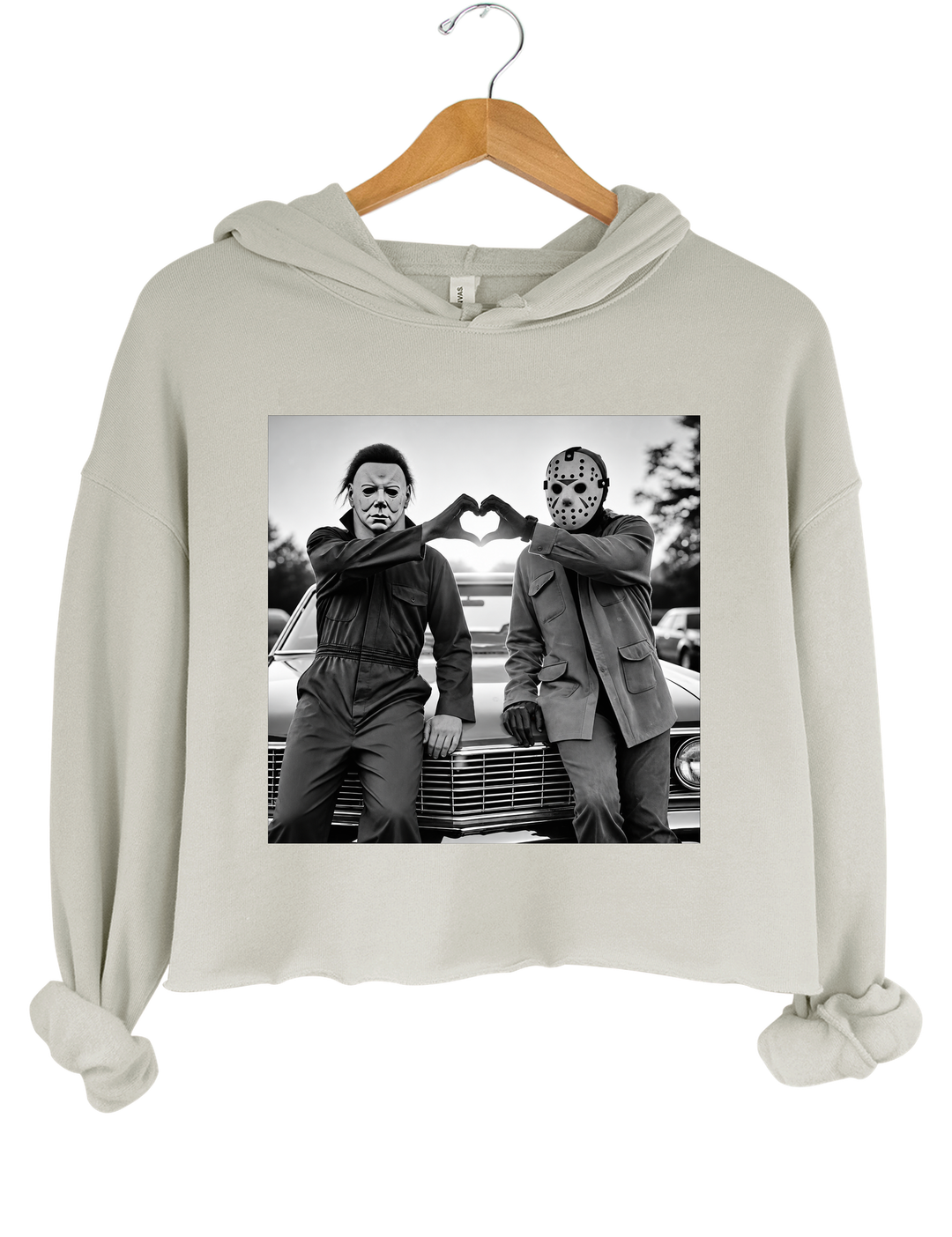 Michael and Jason Heart Hands Halloween Crop Hoodie - Gray