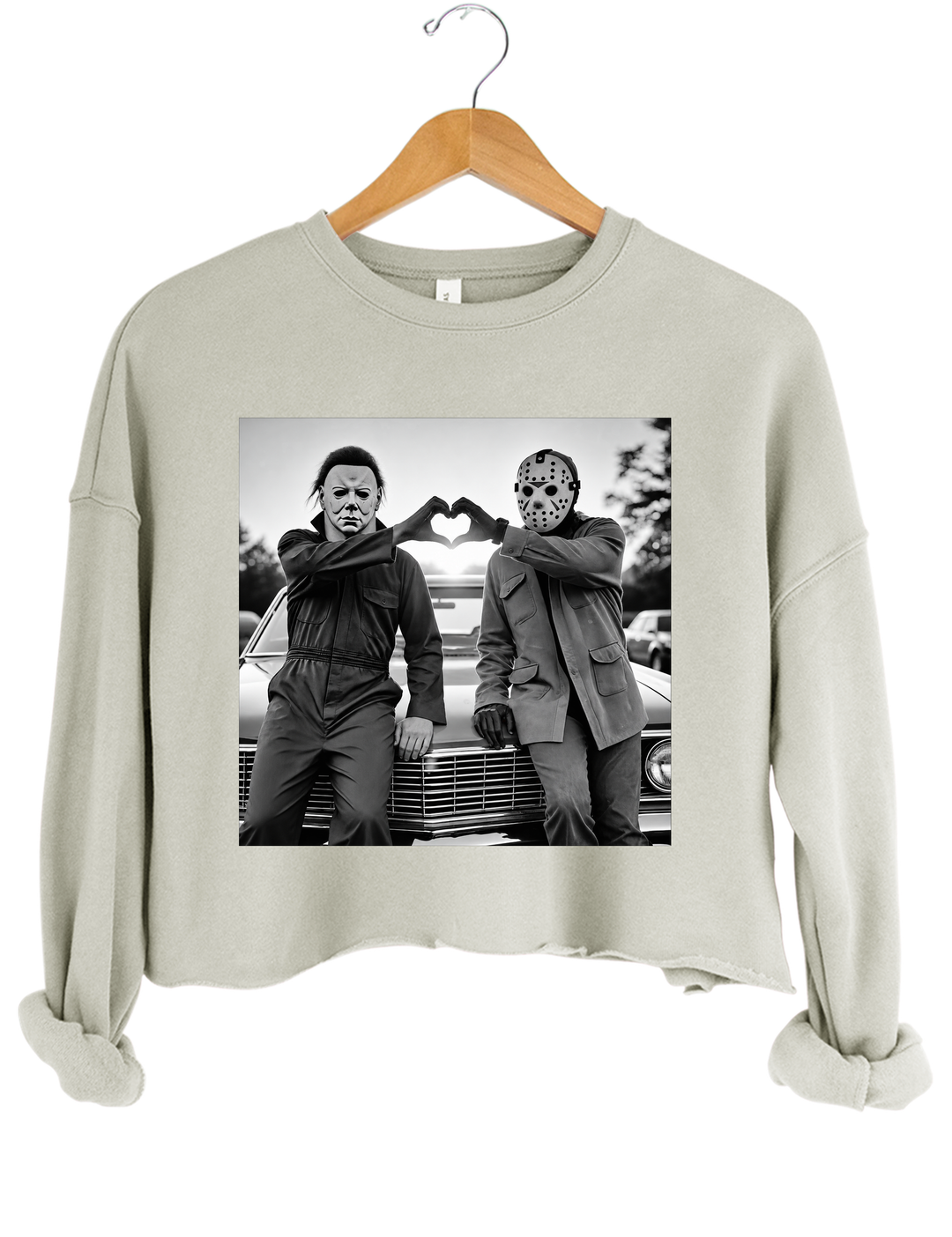 Michael and Jason Heart Hands Halloween Crop Sweatshirt - Gray