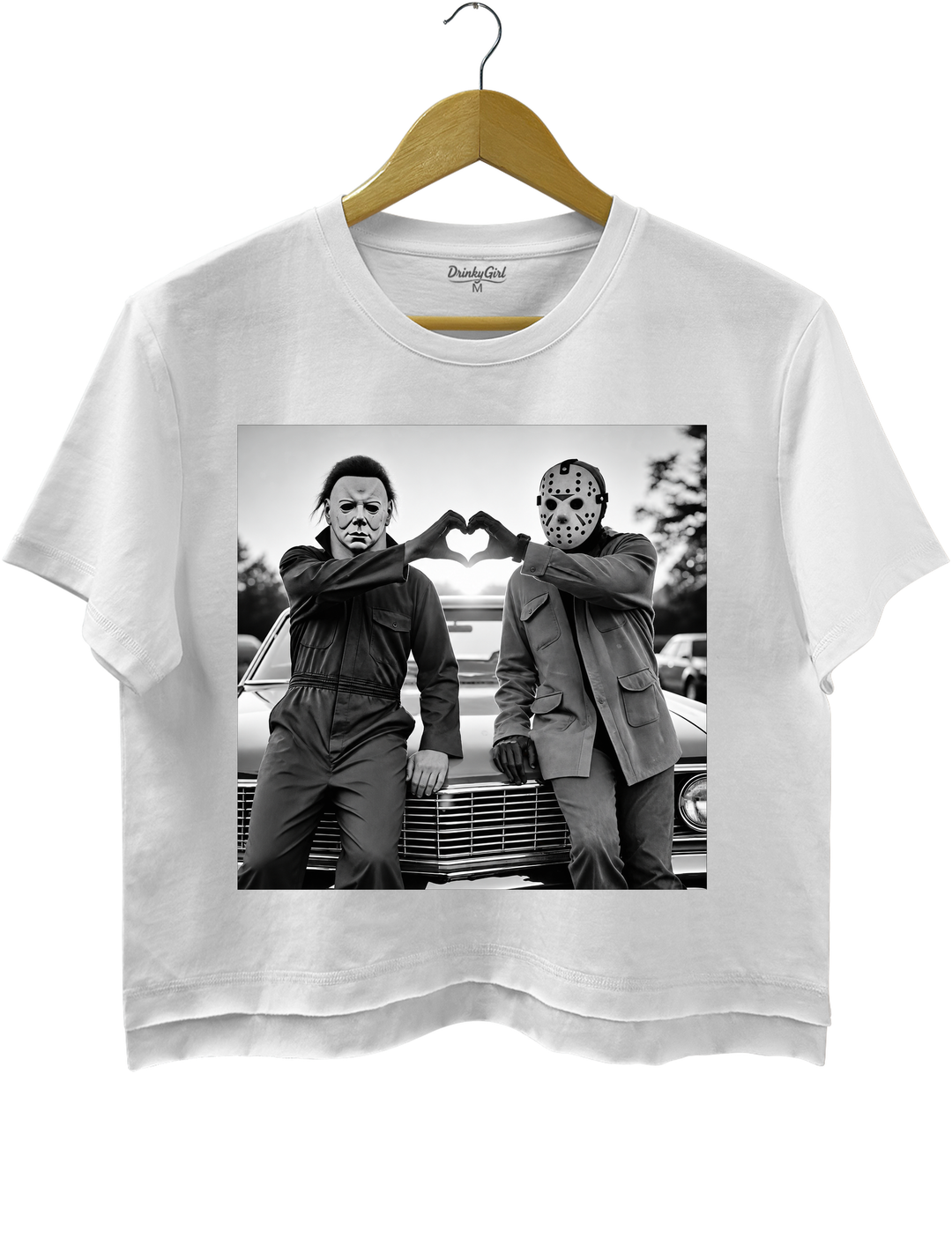 Michael and Jason Heart Hands Halloween Crop Top - White