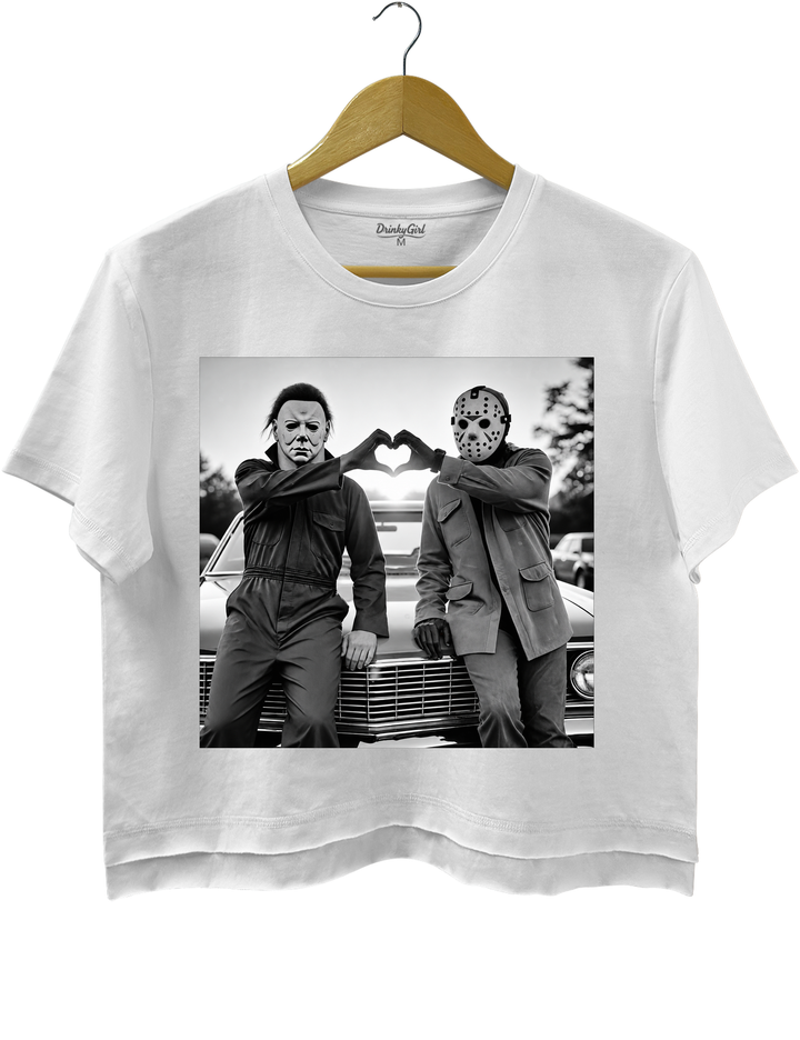 Michael and Jason Heart Hands Halloween Crop Top - White