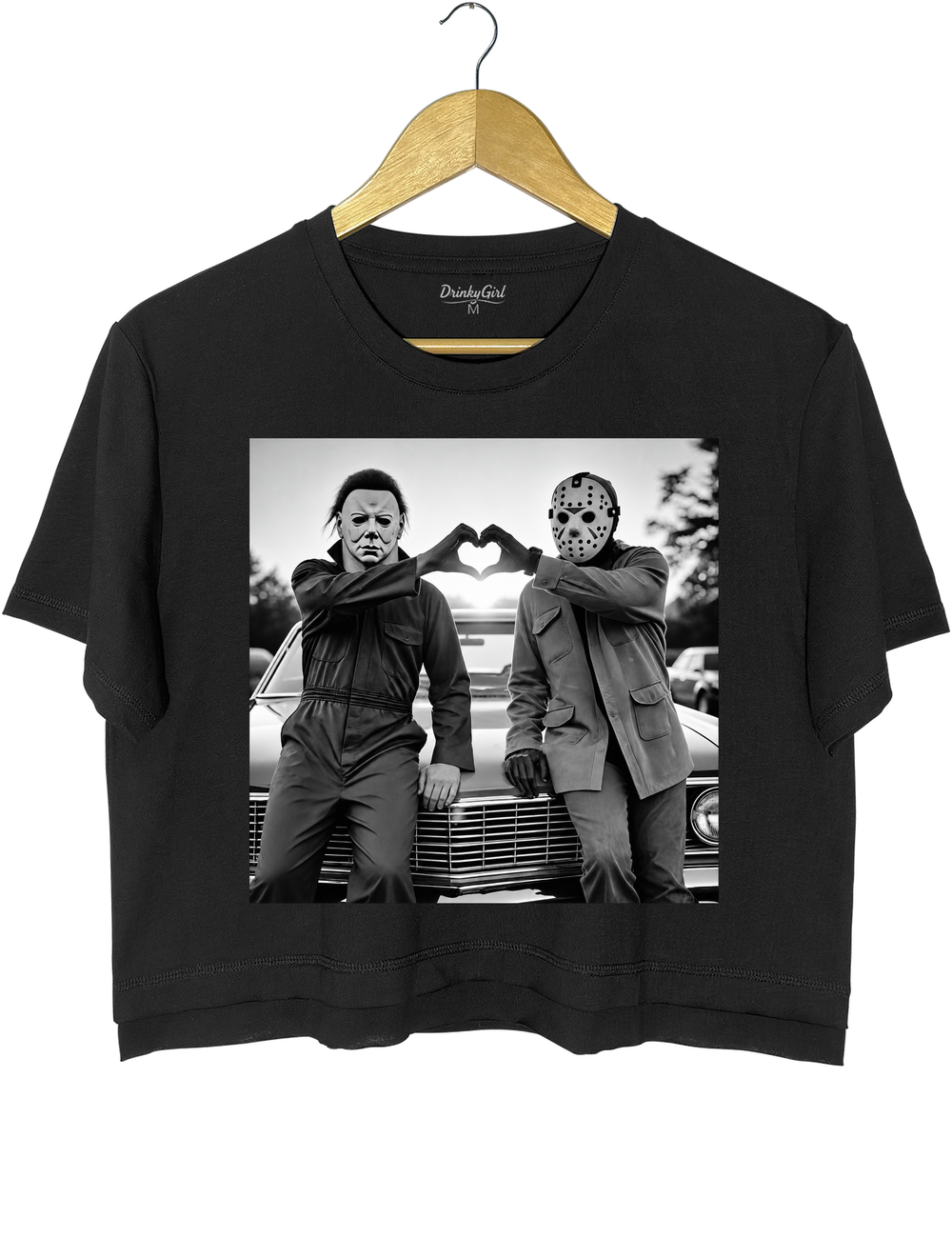 Michael and Jason Heart Hands Halloween Crop Top - Black
