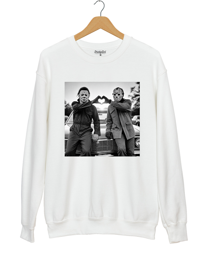 Michael and Jason Heart Hands Halloween Sweatshirt - White