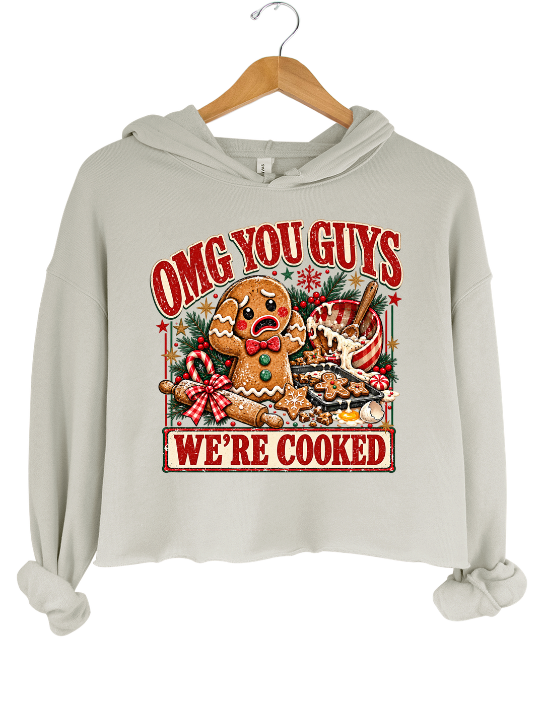 OMG You Guys We're Cooked Gingerbread Christmas Crop Hoodie - Gray