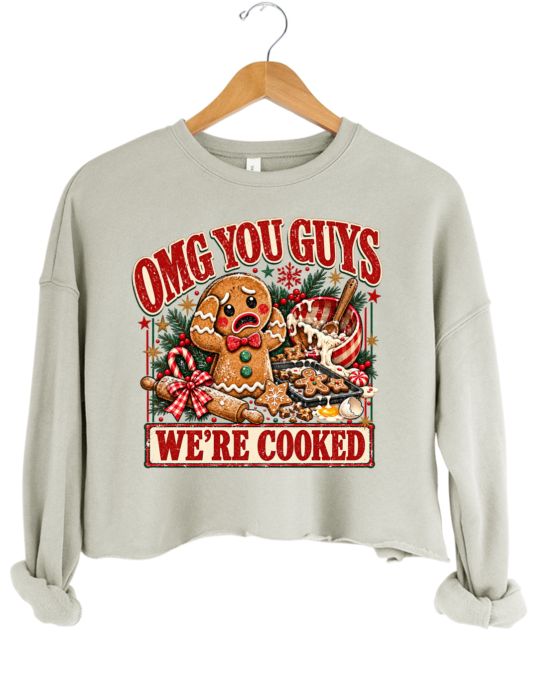 OMG You Guys We're Cooked Gingerbread Christmas Crop Sweatshirt - Gray