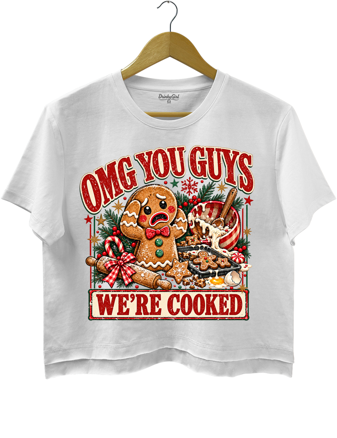 OMG You Guys We're Cooked Gingerbread Christmas Crop Top - White
