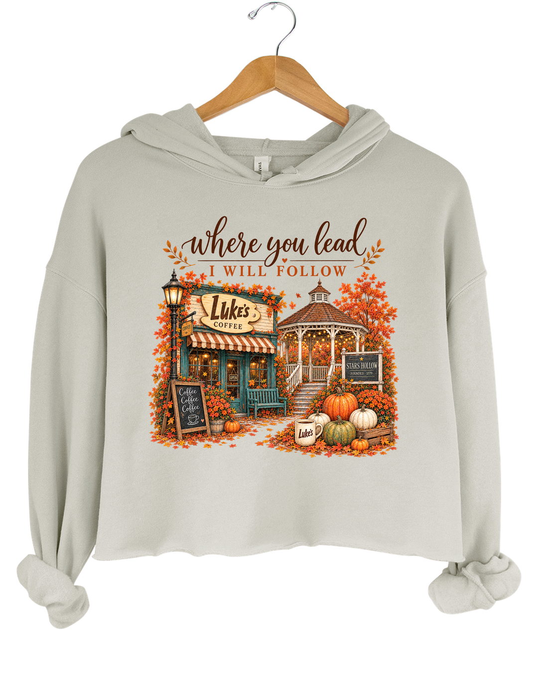 Where You Lead I Will Follow Stars Hollow Autumn Crop Hoodie - Gray