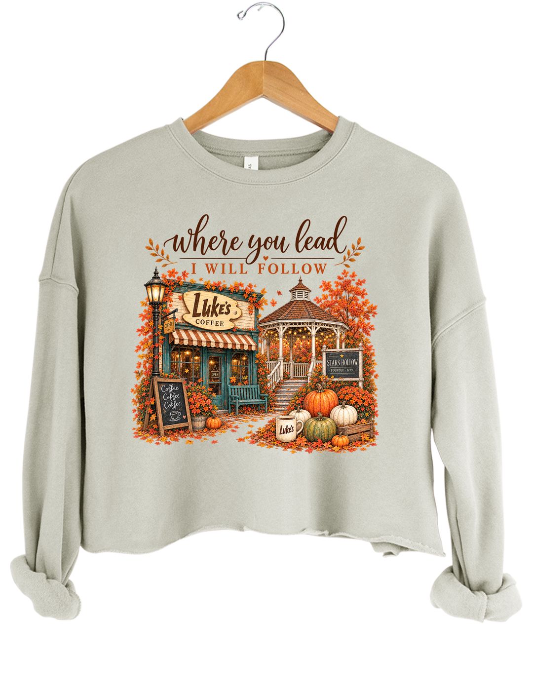 Where You Lead I Will Follow Stars Hollow Autumn Crop Sweatshirt - Gray