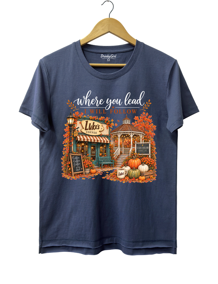 Where You Lead I Will Follow Stars Hollow Autumn Tee - Navy Blue
