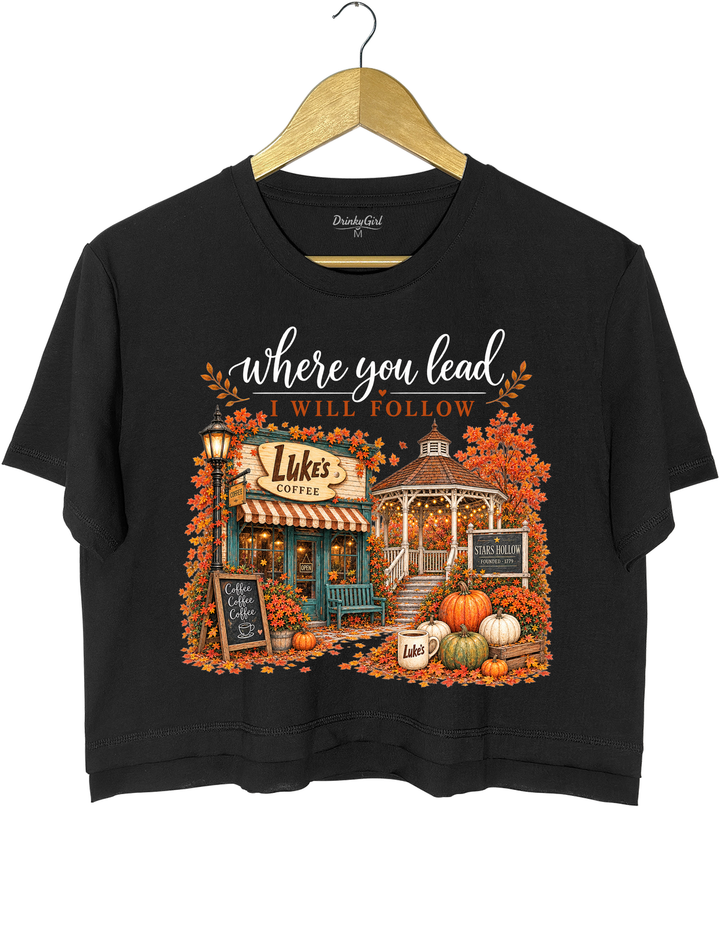 Where You Lead I Will Follow Stars Hollow Autumn Crop Top - Black