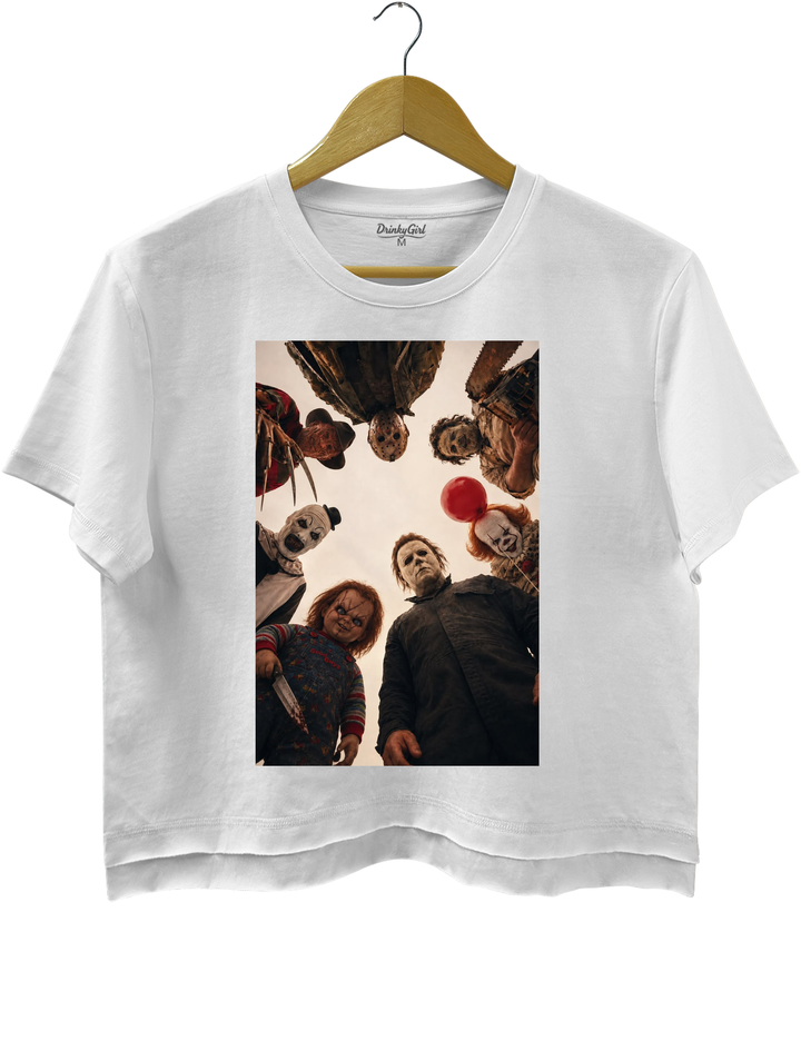 Horror Movie Icons Circle Group Portrait Crop Top - White